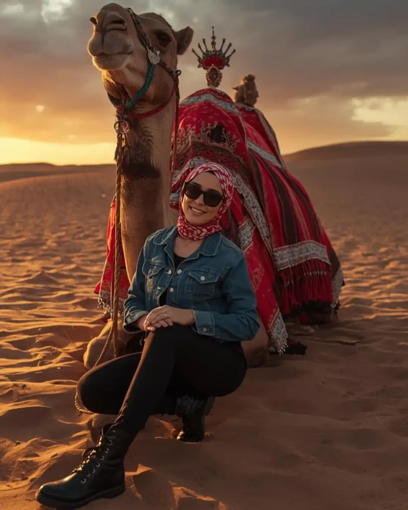 Women with camel in Dubai Desert Safari